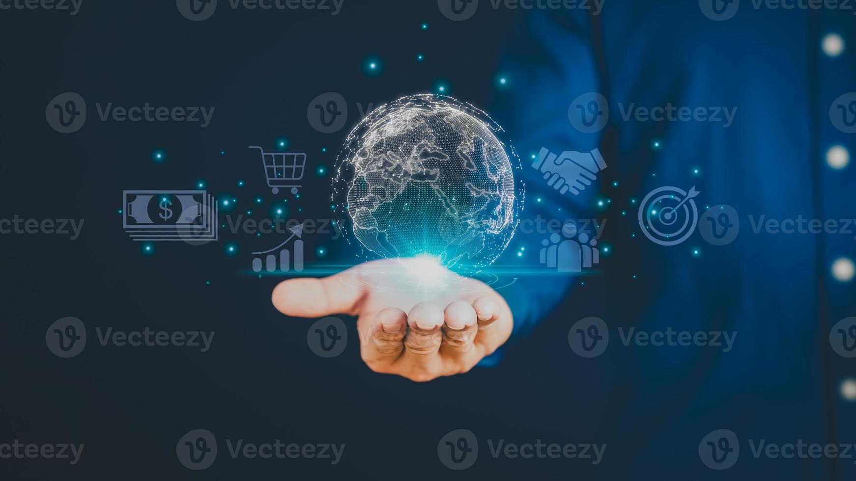 Hands showing symbols and icons of technology, applications, world global internet connectivity and digital marketing. Finance and Banking and Sales Concept. Online Marketing, Online Business. photo