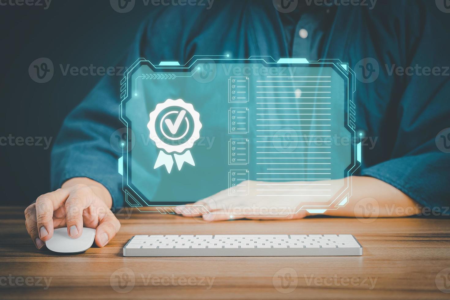 Businessman using a computer keyboard with sign of the top service quality assurance on virtual screen. Guarantee, Standards, ISO certification and standardization concept. photo