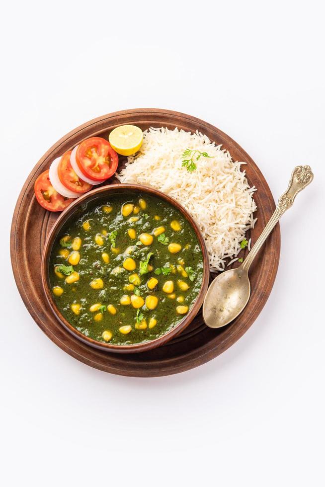 Palak sweet corn sabzi also known as Spinach Makai curry sabji, north Indian main course menu photo
