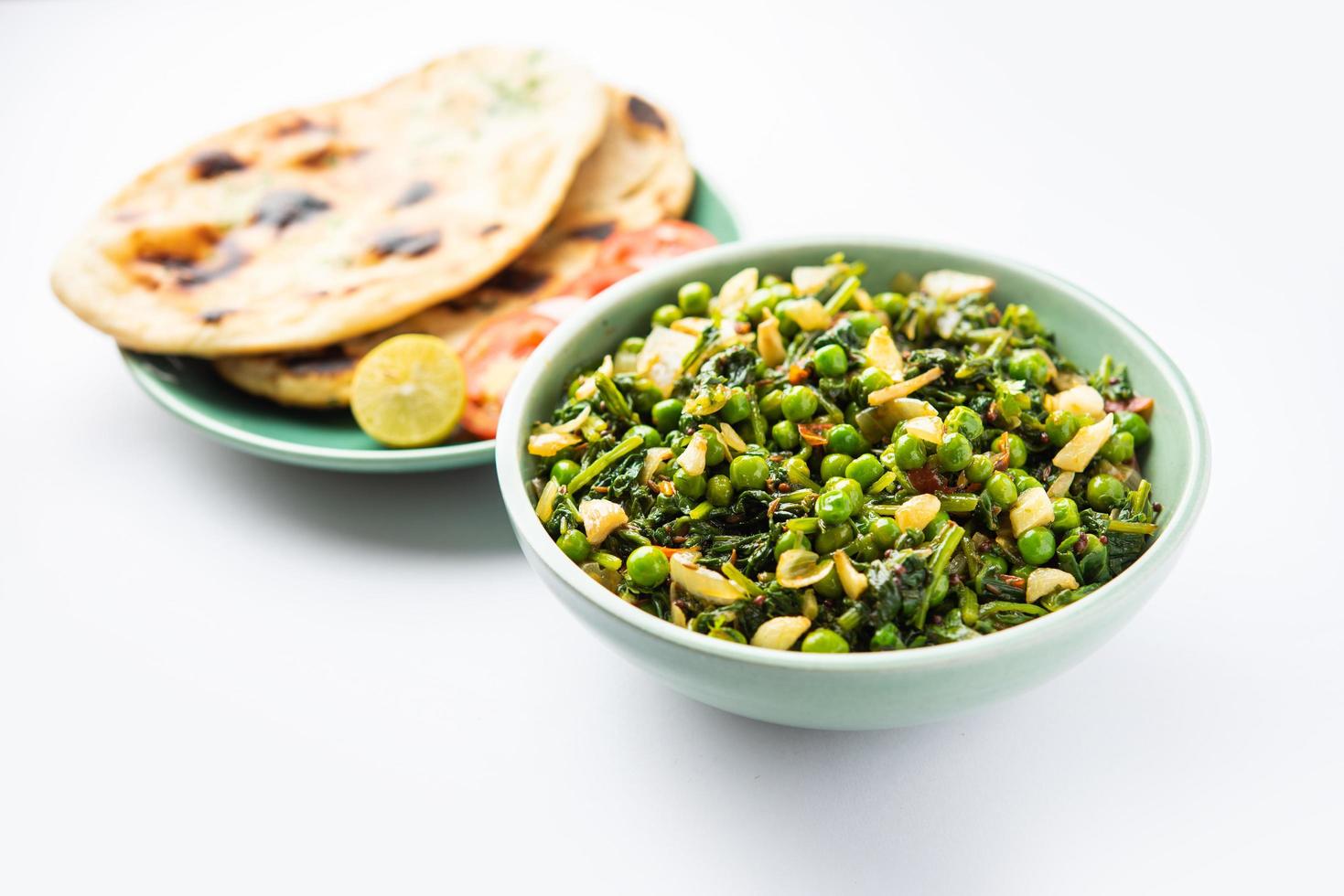 palak matar curry also known as spinach geen peas masala sabzi or sabji, indian food photo