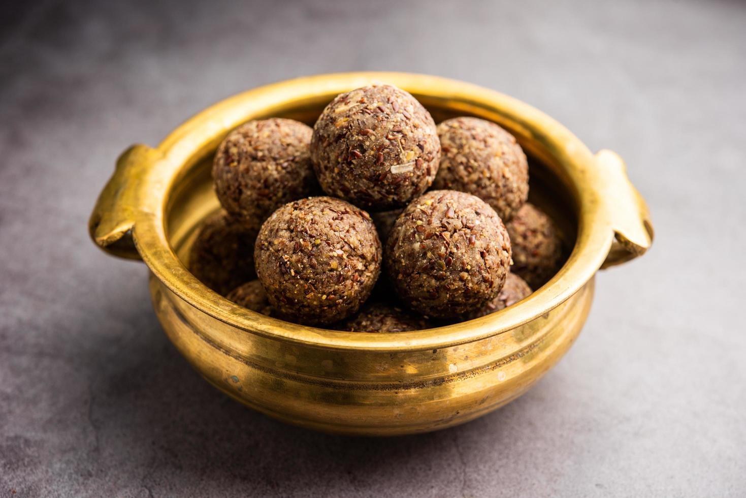 Alsi pinni laddu or flax seed laddo or healthy jawas ladoo are delicious Indian sweet energy balls photo