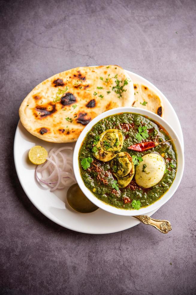 Spinach egg curry is an Indian non vegetarian dish made using palak gravy with eggs photo