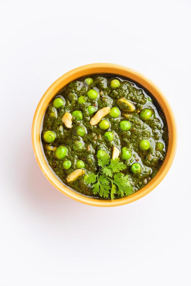 palak matar curry also known as spinach geen peas masala sabzi or sabji, indian food photo