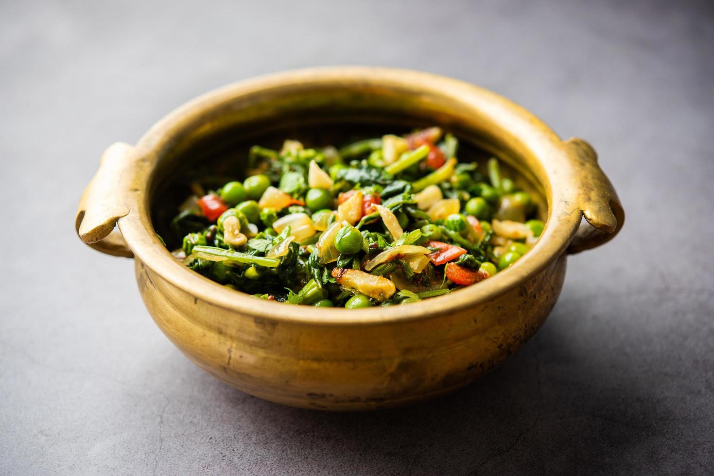 palak matar curry also known as spinach geen peas masala sabzi or sabji, indian food photo
