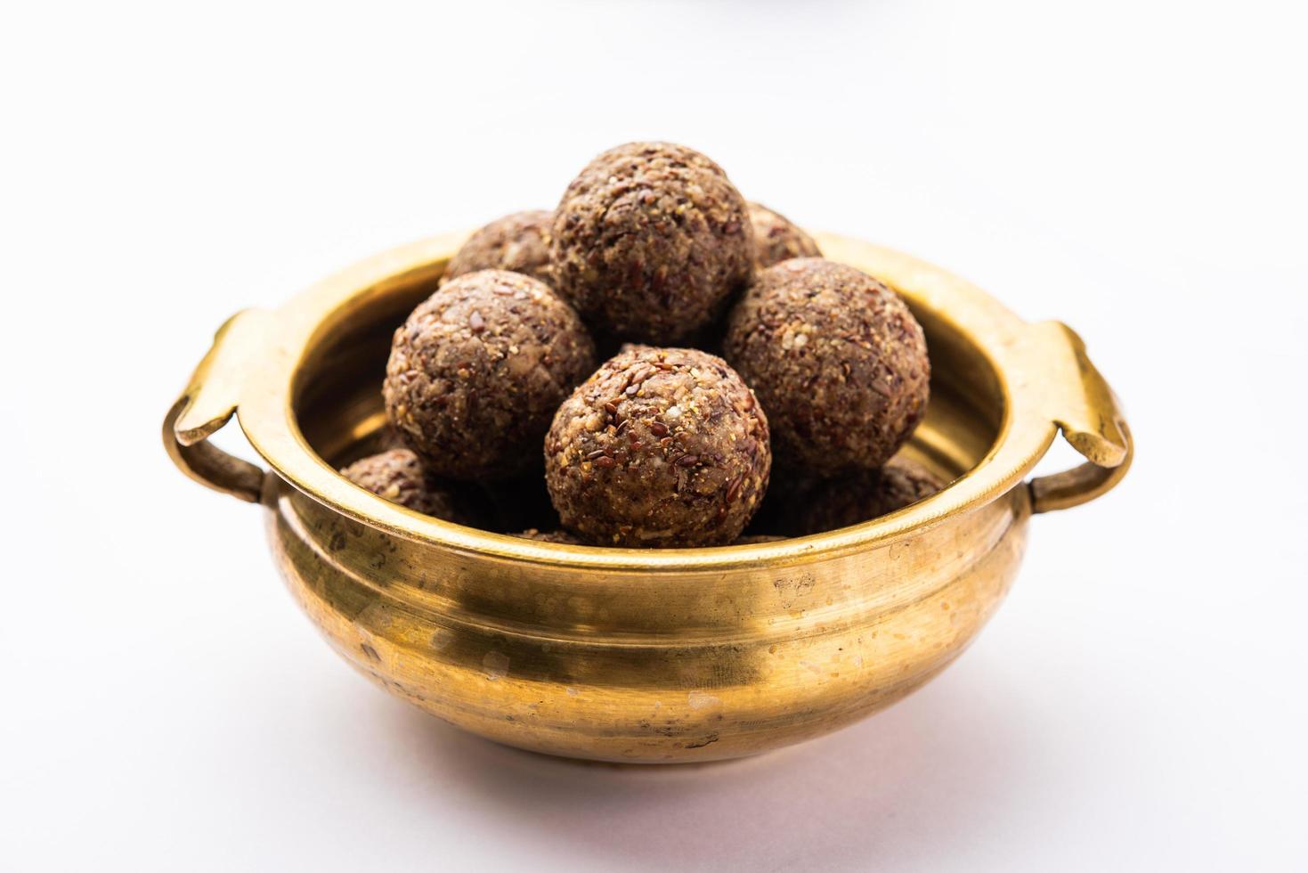 Alsi pinni laddu or flax seed laddo or healthy jawas ladoo are delicious Indian sweet energy balls photo