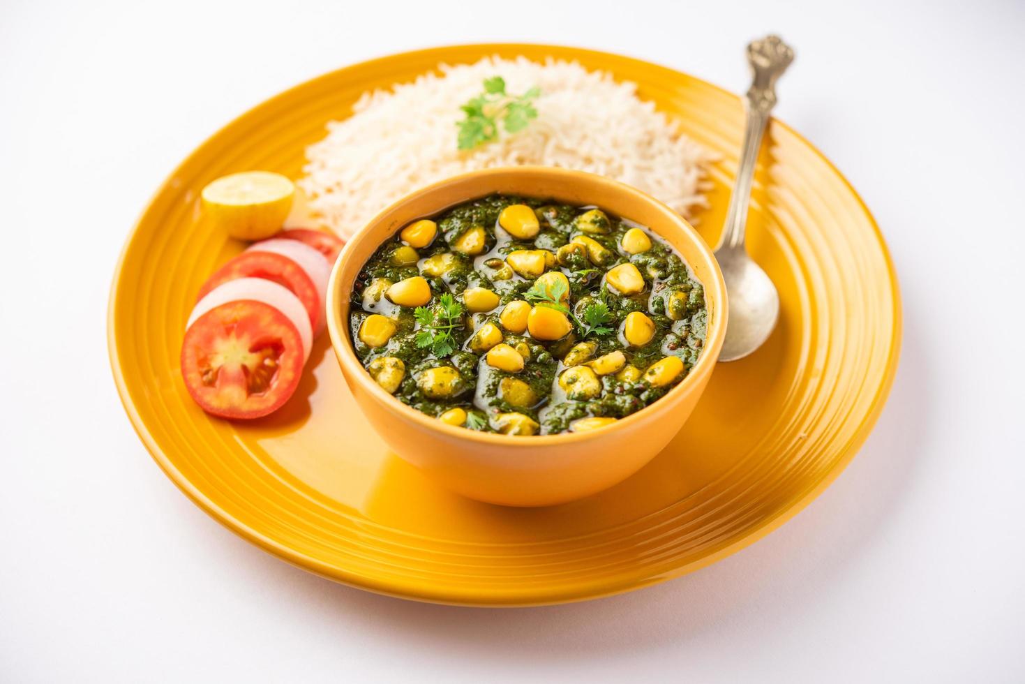 Palak sweet corn sabzi also known as Spinach Makai curry sabji, north Indian main course menu photo