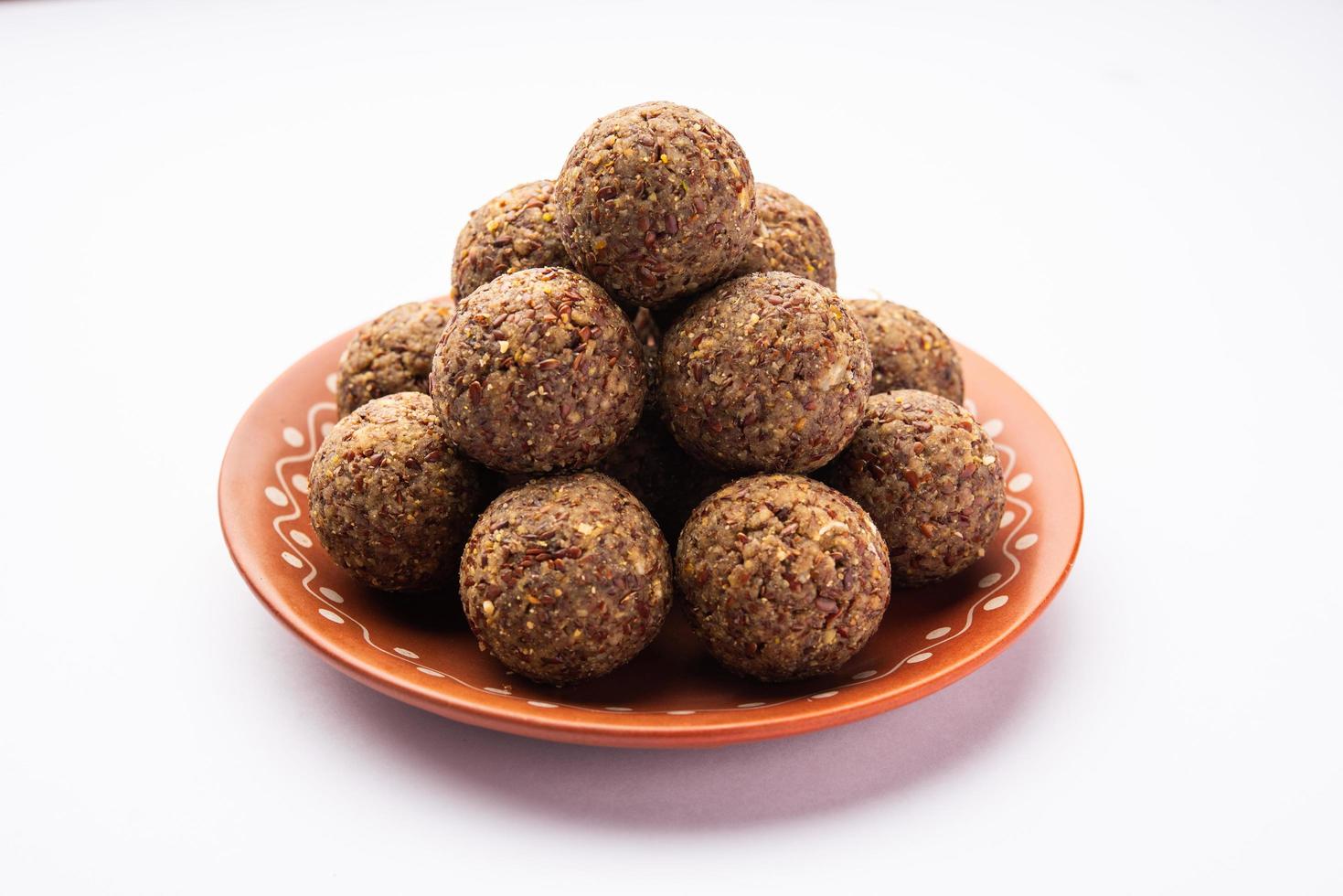 Alsi pinni laddu or flax seed laddo or healthy jawas ladoo are delicious Indian sweet energy balls photo