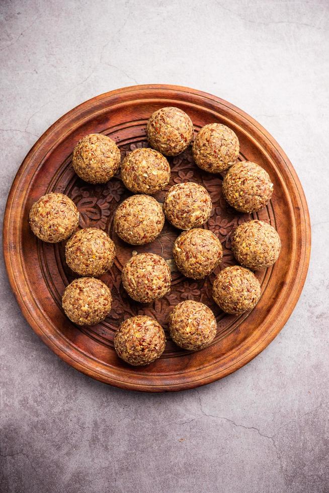 Alsi pinni laddu or flax seed laddo or healthy jawas ladoo are delicious Indian sweet energy balls photo