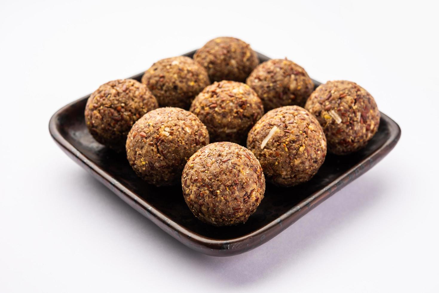 Alsi pinni laddu or flax seed laddo or healthy jawas ladoo are delicious Indian sweet energy balls photo