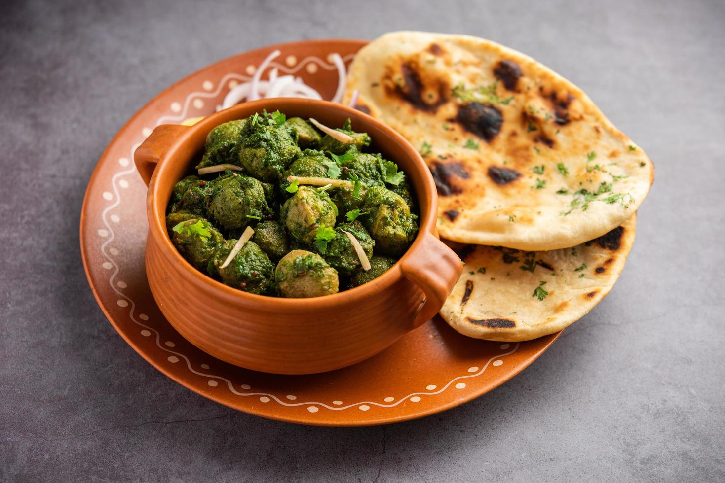 Soya Chunks Palak curry also known as Spinach Soyabean chunks sabzi or sabji, Healthy Indian food photo