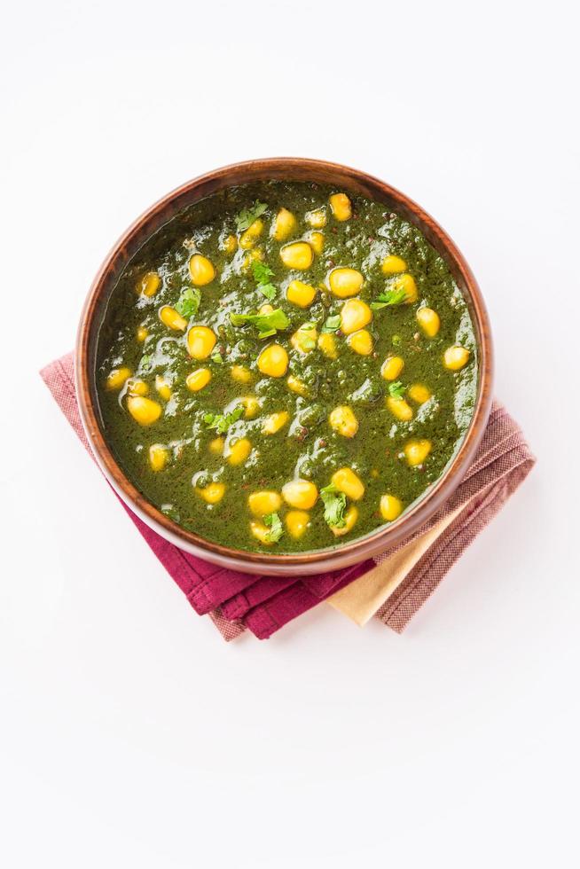Palak sweet corn sabzi also known as Spinach Makai curry sabji, north Indian main course menu photo