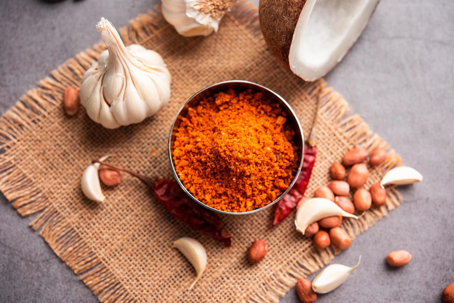 Dry garlic chutney made from red chilly and dry coconut and lahsun which is famous in maharashtra photo