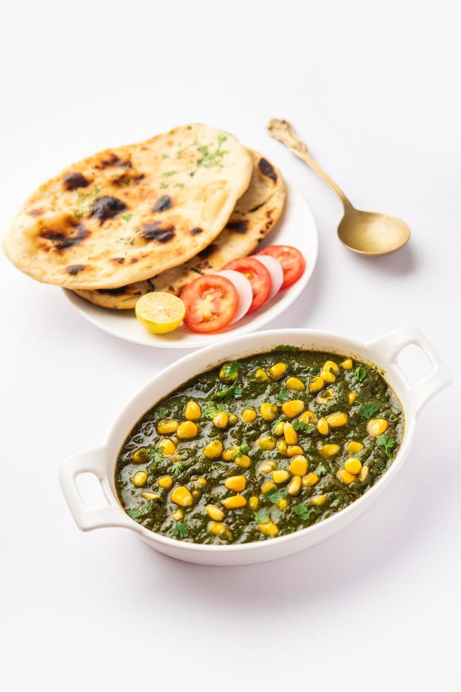 Palak sweet corn sabzi also known as Spinach Makai curry sabji, north Indian main course menu photo