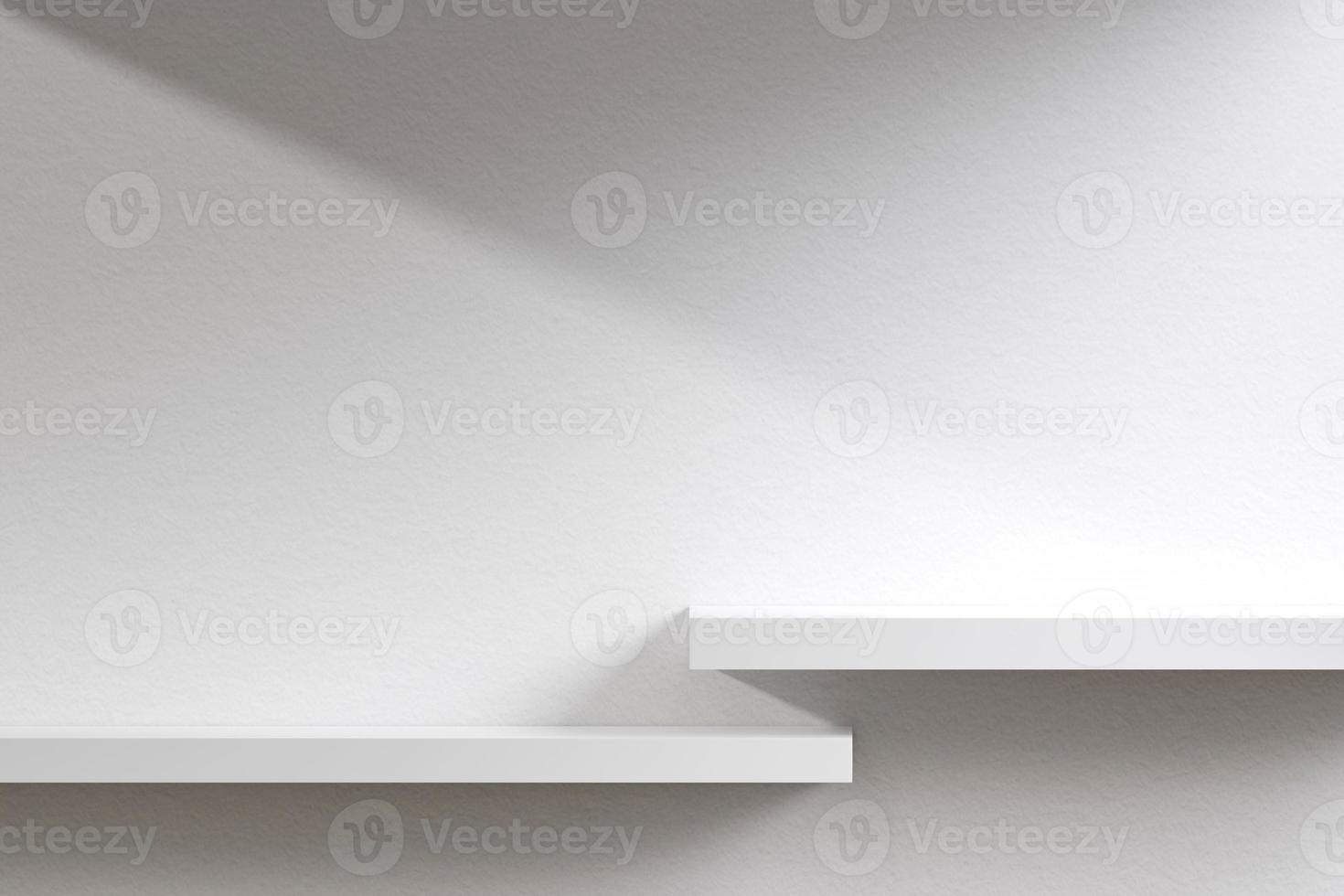 Empty white square pedestals with sunlit shadows, wall shelves. For designing product presentations and interiors. 3D render illustration photo