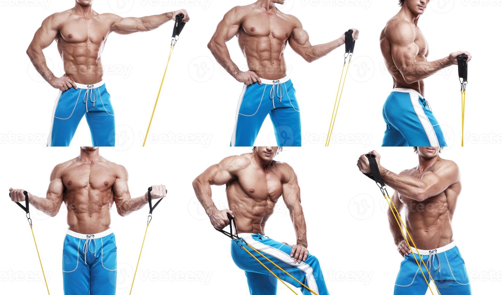Collection of different exercises with resistance bands photo