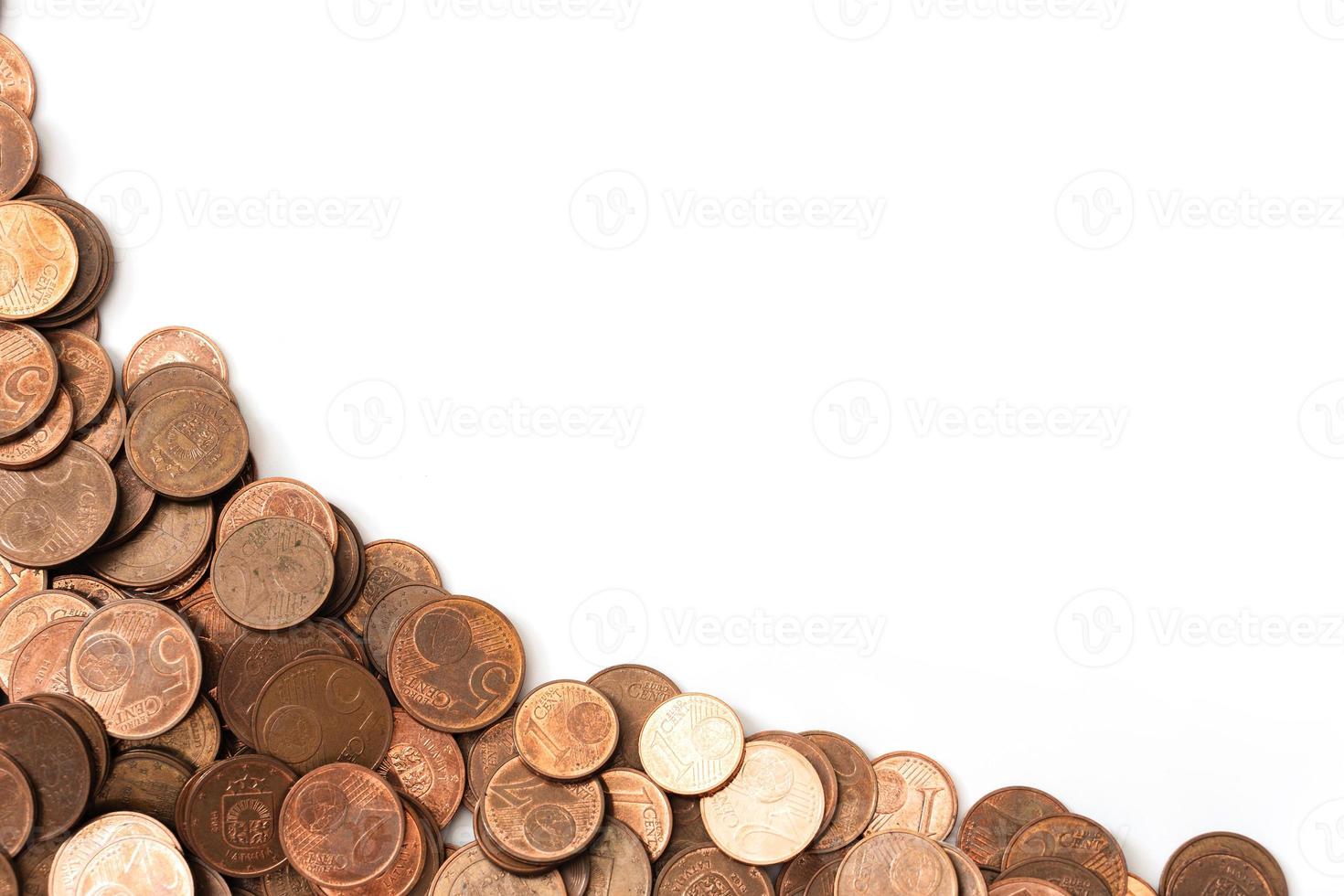 Large pile of shiny copper euro coins of small value. photo