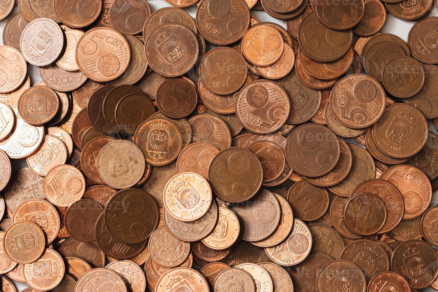 Large pile of shiny copper euro coins of small value. photo