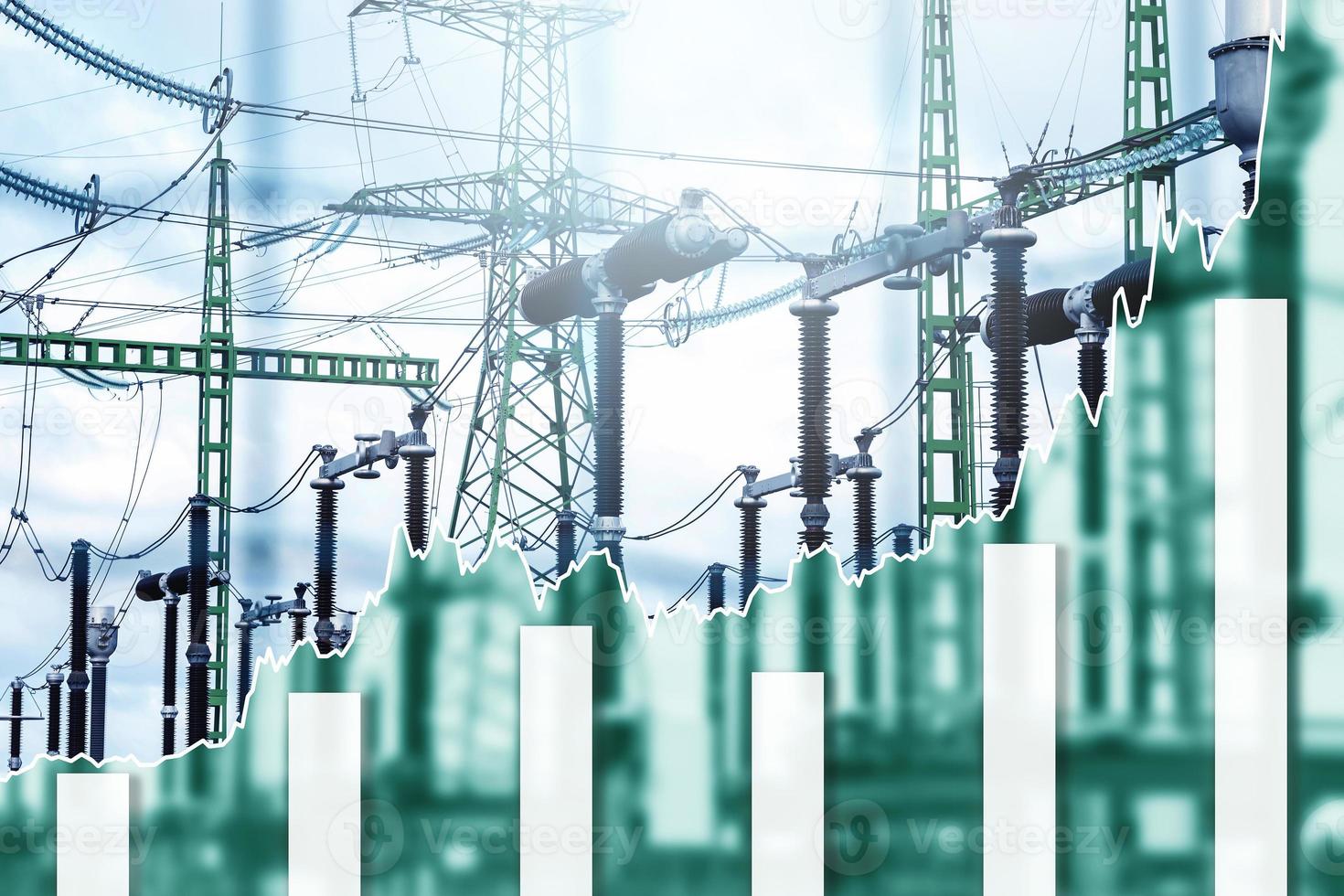 Power plant details and raising histogram chart representing electricity prices rise photo