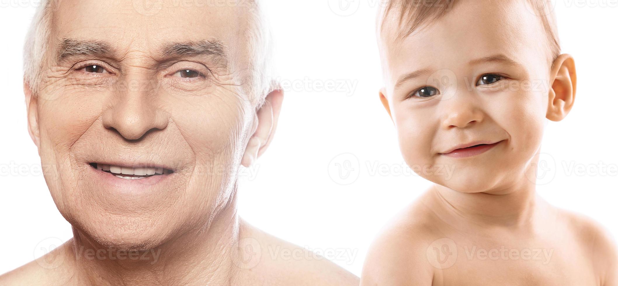 Elderly man and baby boy. Concept of rebirth and cycle of life. photo