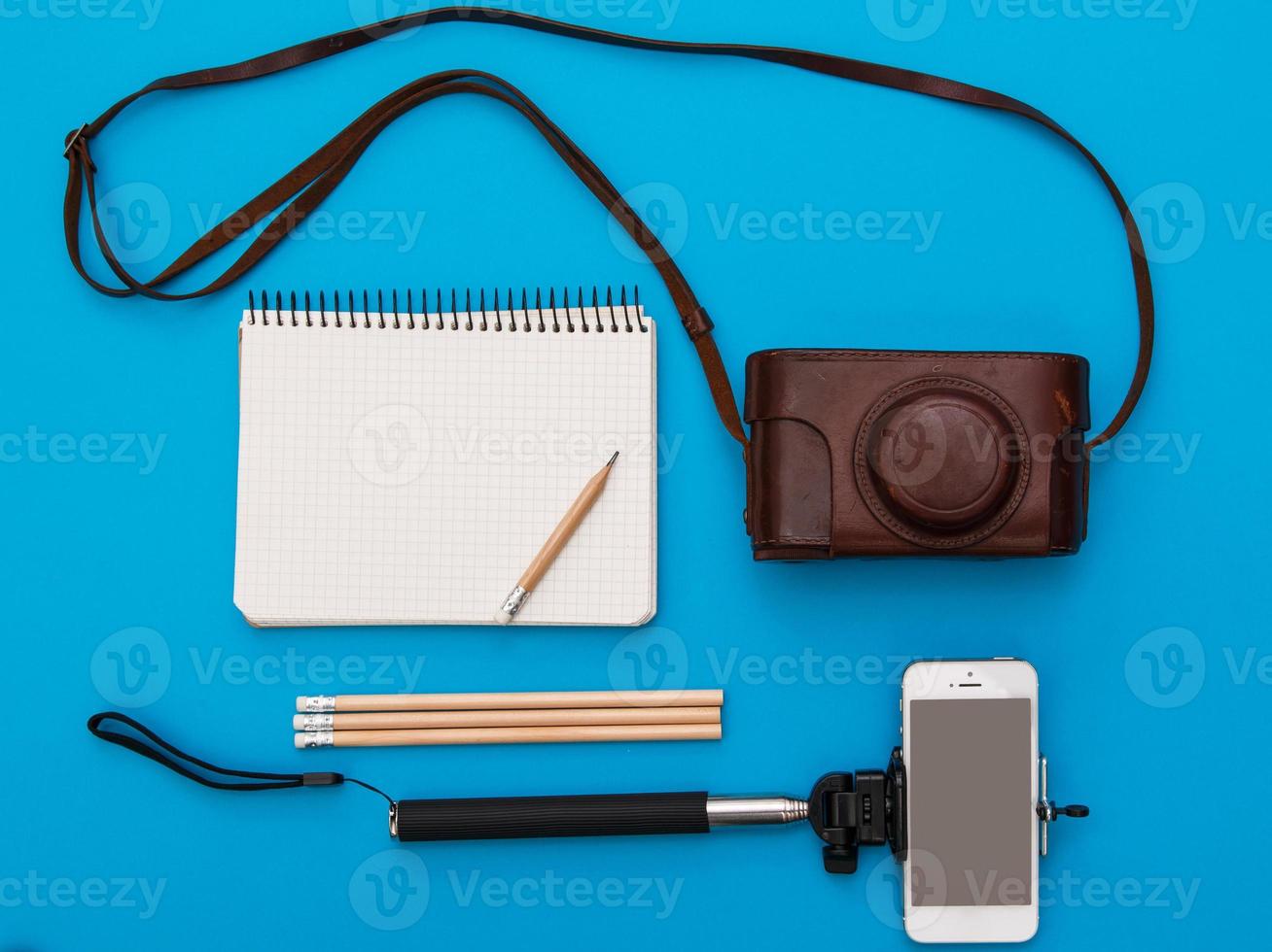 Smart phone on selfie stick and retro camera photo