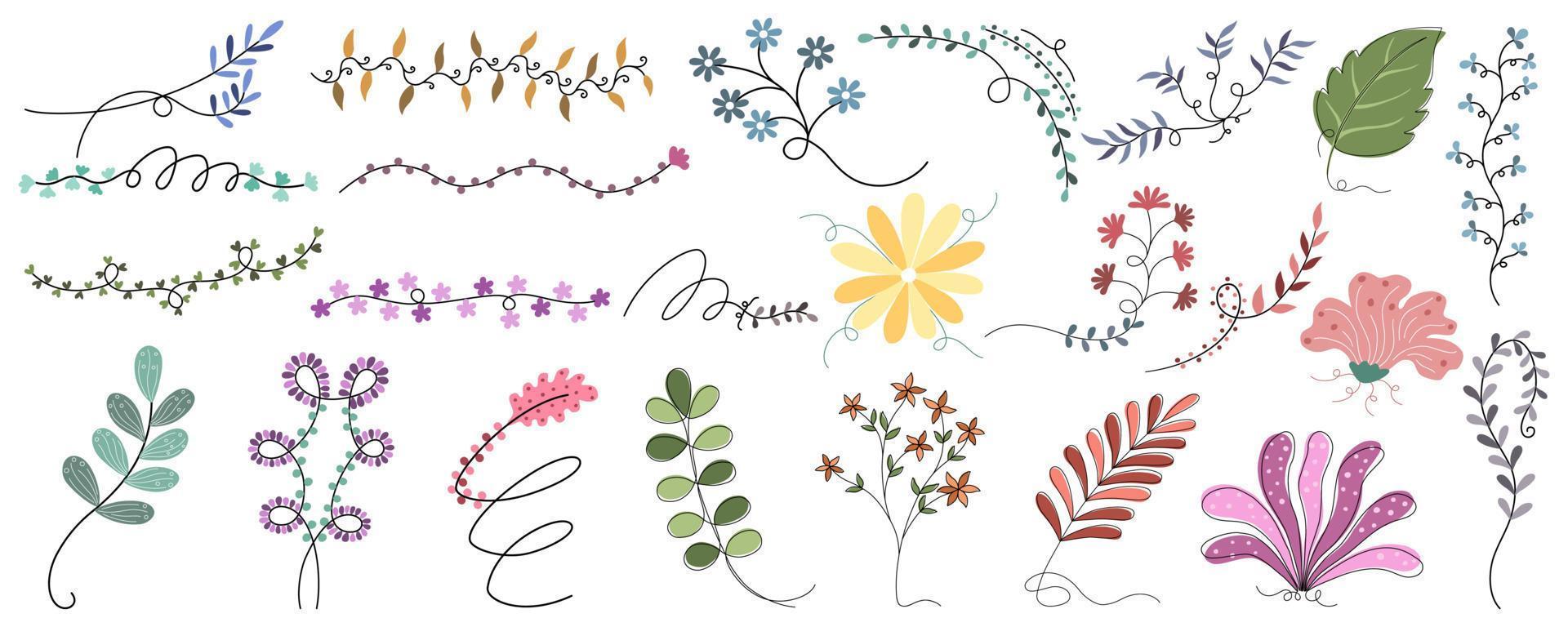 conjunto vectorial de flores y hojas diseñadas en estilo garabato para el diseño de tarjetas, decoraciones temáticas primaverales, álbumes de recortes, decoraciones de marcos, patrones de papel, tarjeta de boda, impresión digital y más. vector