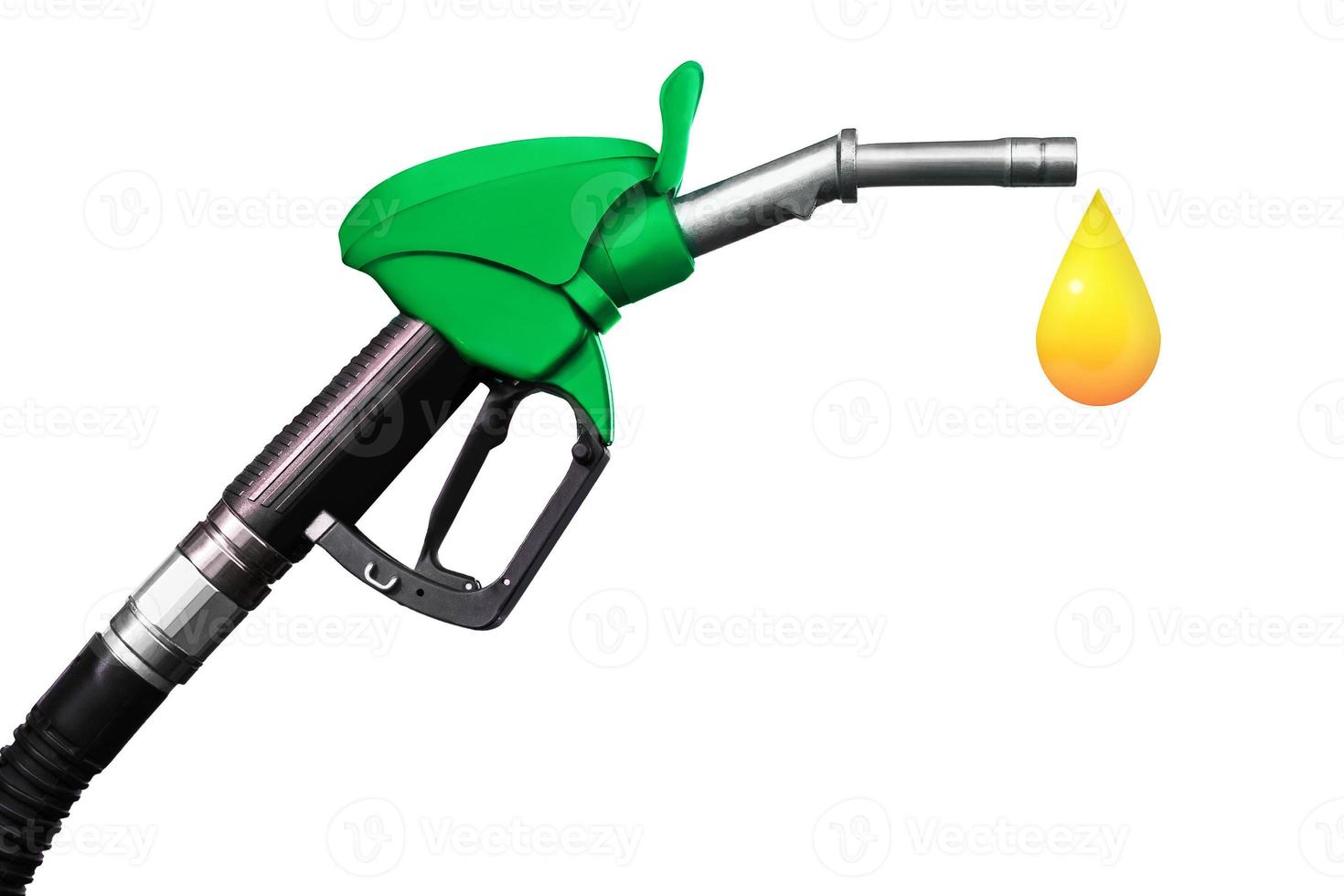 Green fuel nozzle with gas droplet isolated on white background photo