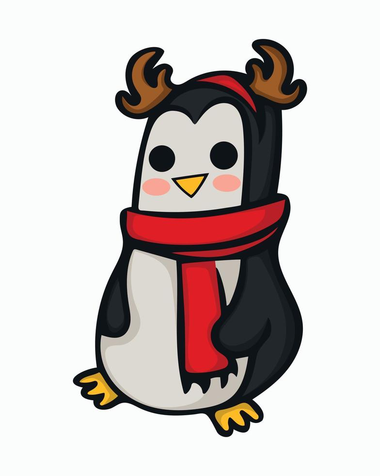 Cute holiday penguin concept. Vector illustration. Christmas penguin in scarf and reindeer horns. Themed design element. Image isolated on white background