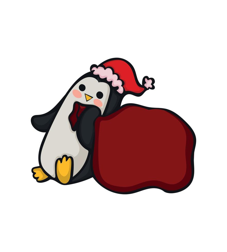 Concept of cute Christmas penguin. Vector illustration. Image isolated on white background. Festive design element for design of thematic products. Penguin with bag and Christmas hat