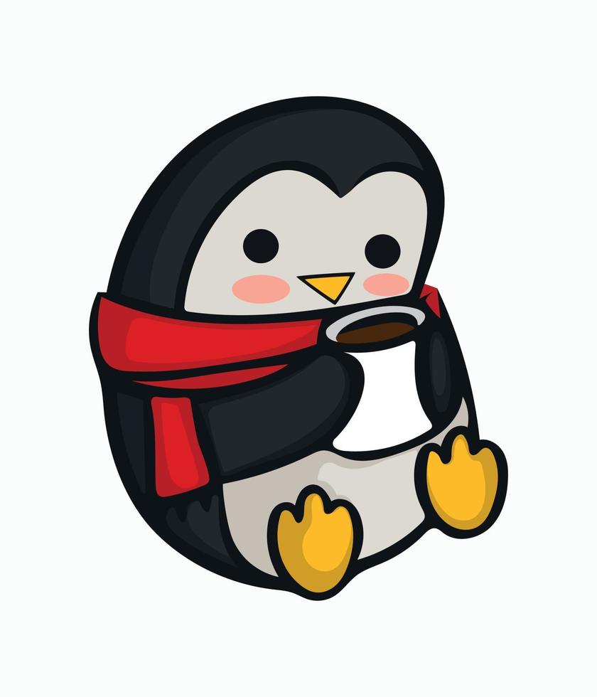 Cute penguin with red scarf and cup of hot drink. Vector illustration. Image of Christmas penguin isolated on white background. Festive design element for thematic design