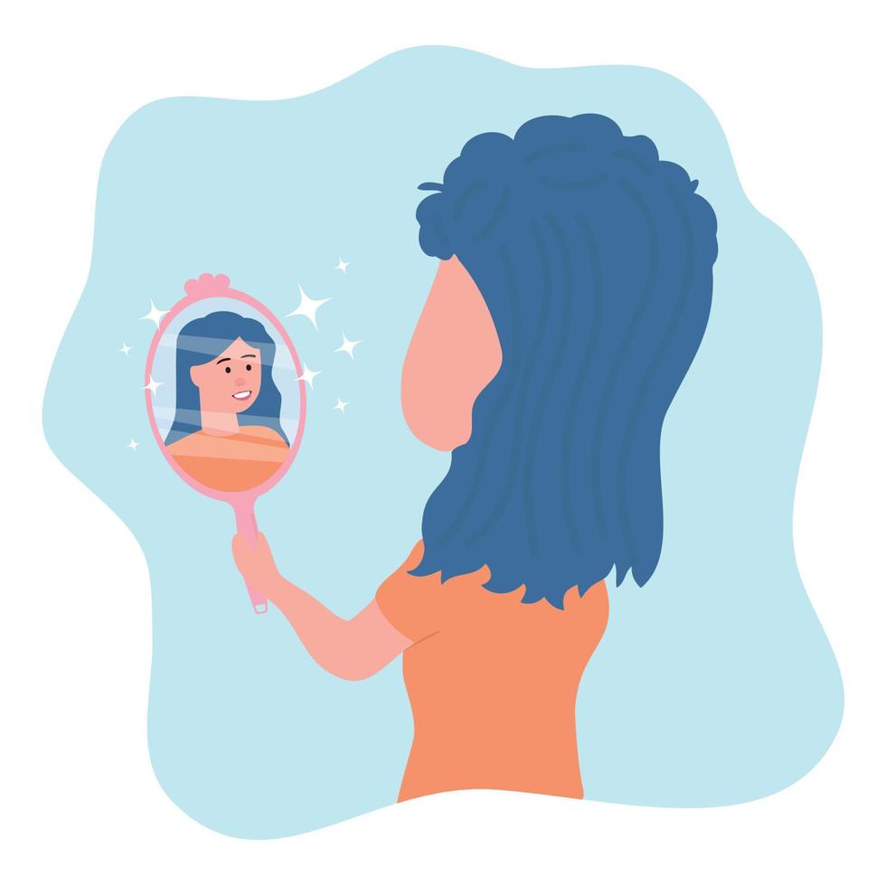 The Girl is Looking at Her Reflection in the Mirror Happily. Self Love vector