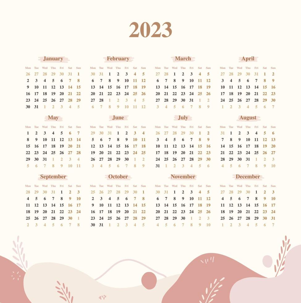 calendario 2023 plantilla de diseño estético con color pastel abstracto blob marrón rosa diseño 3 filas y 4 columnas vector