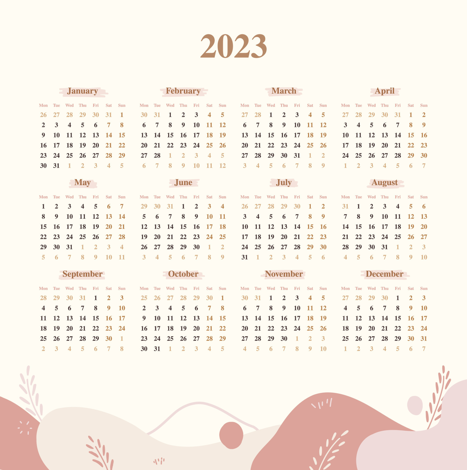 calendario 2023 plantilla de diseño estético con color pastel abstracto