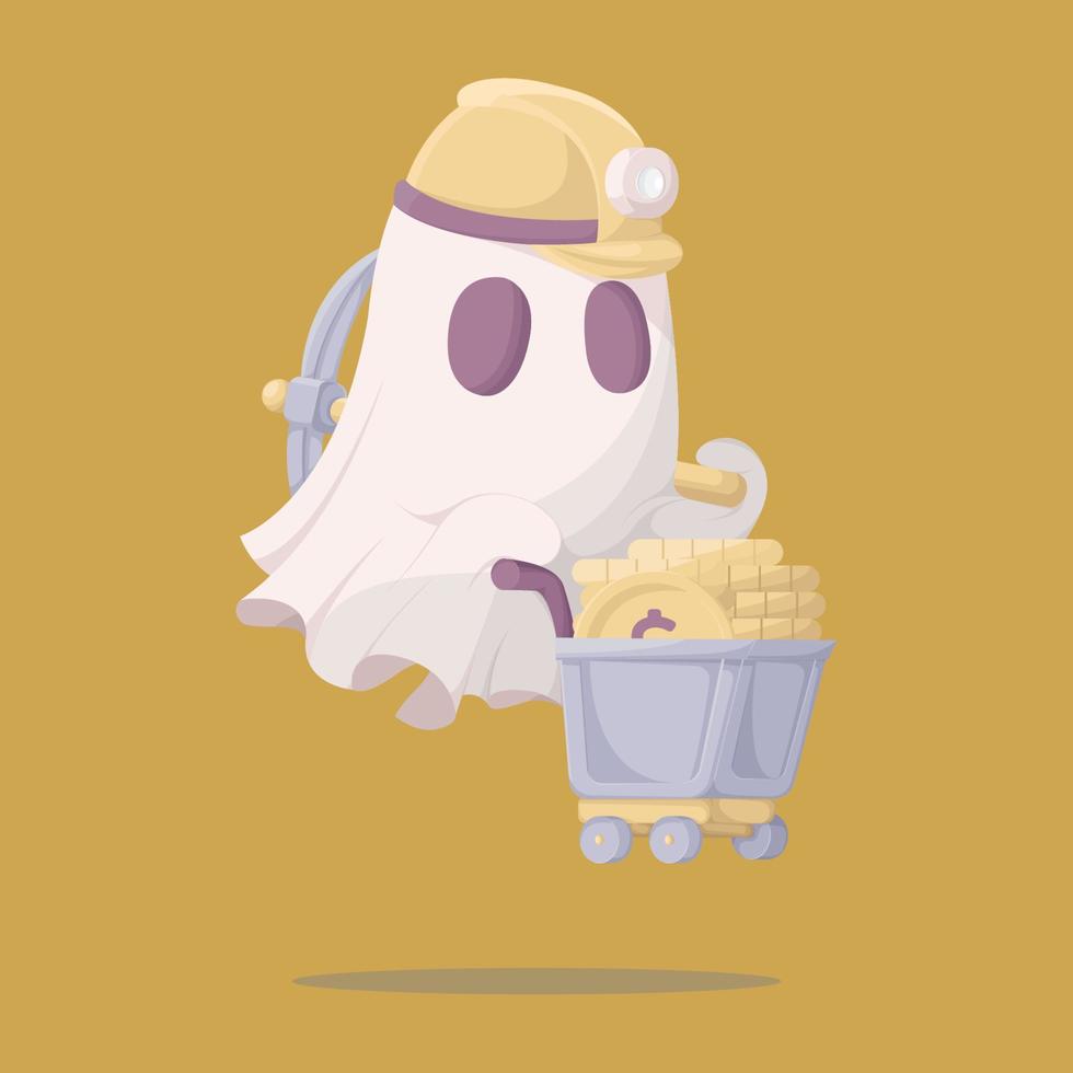 Ghost Miner Character Pushes Trolley of Coins Illustration vector