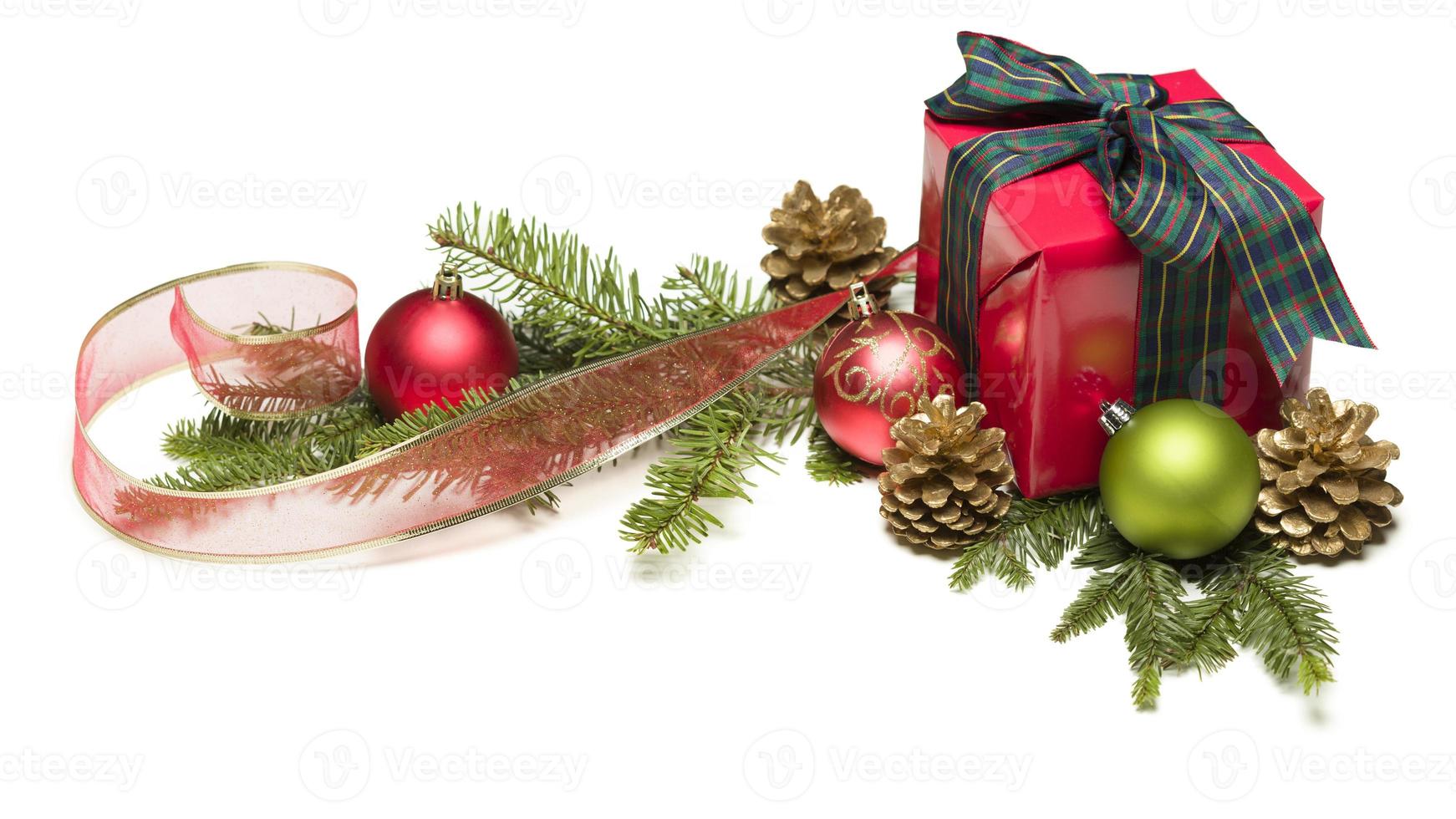 Christmas Present with Ribbon, Pine Cones and Ornaments photo