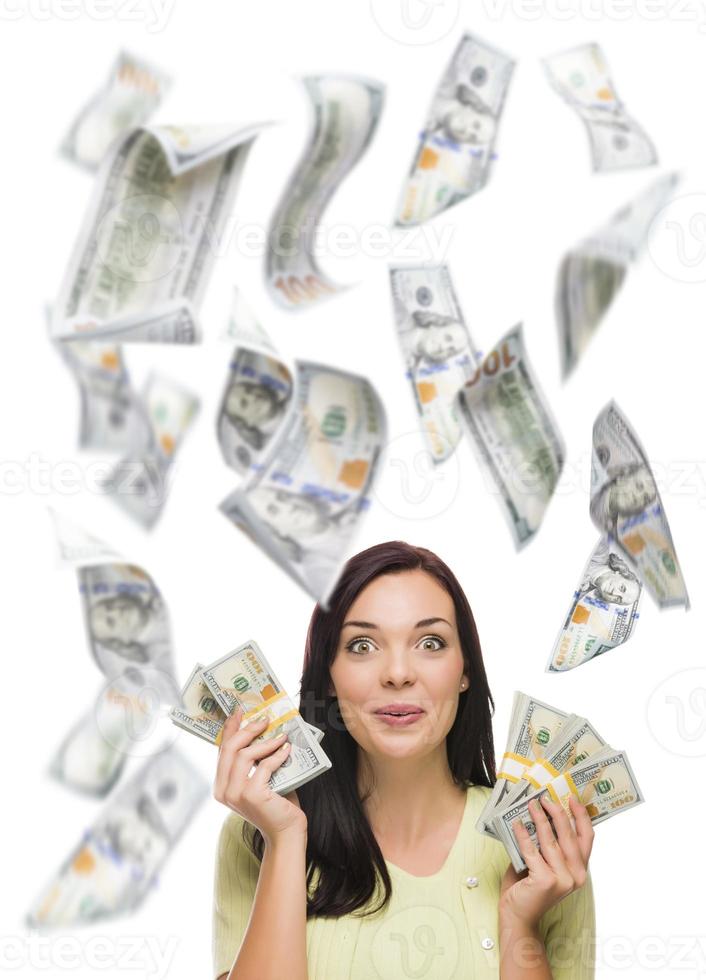 Happy Woman Holding the 100 Bills with Many Falling Around photo