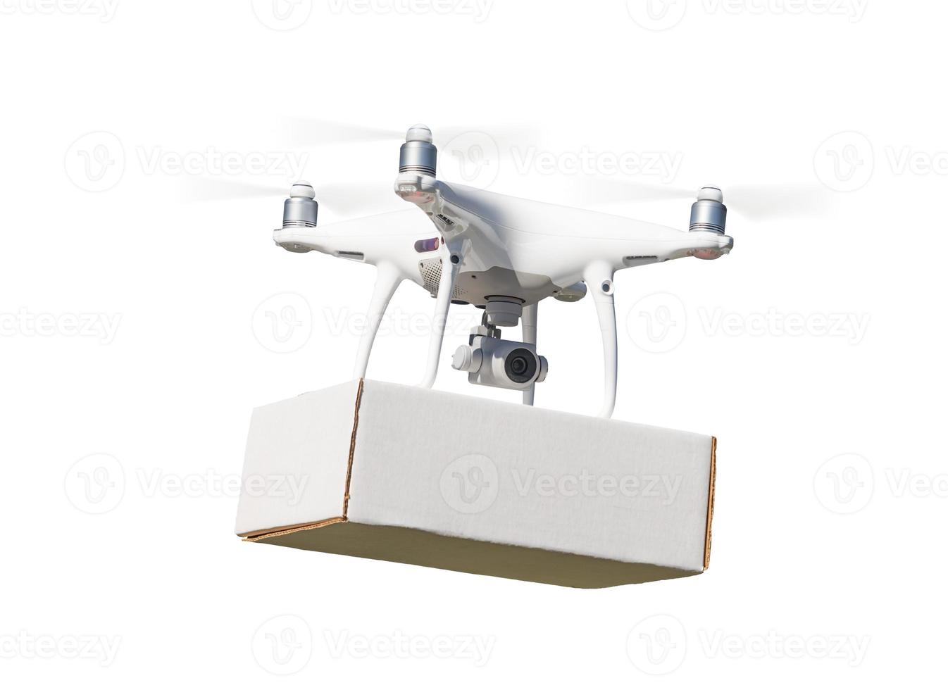 Unmanned Aircraft System Drone Carrying Blank Package On White. photo