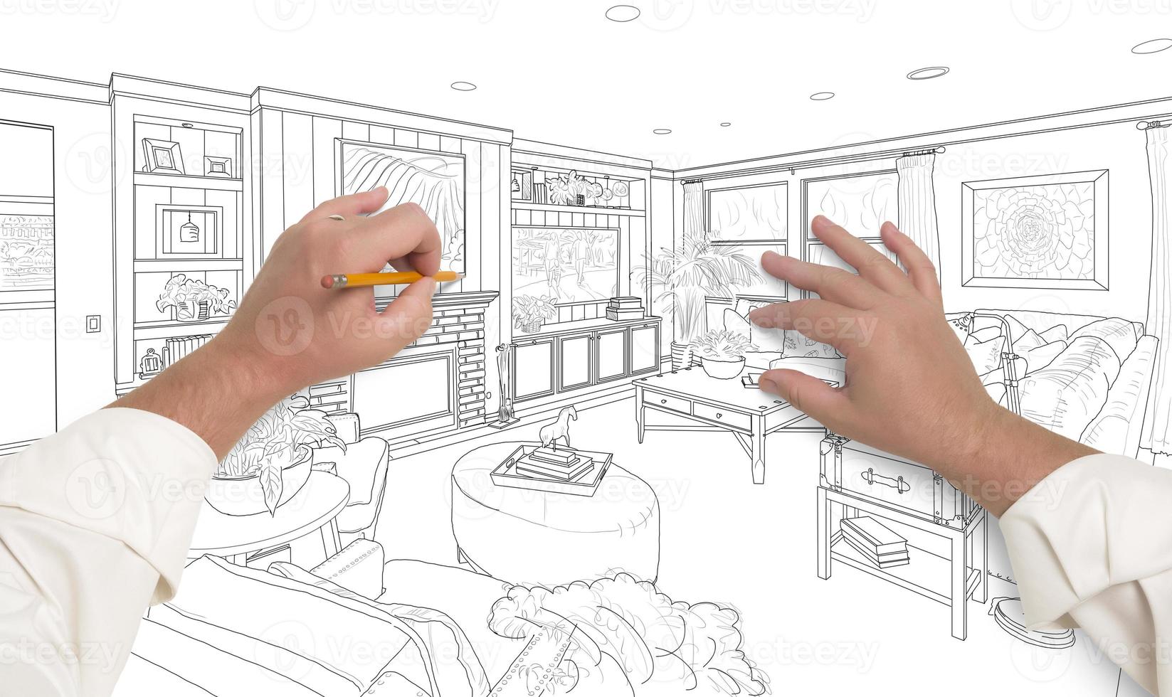 manos dibujando un diseño de sala de estar personalizado en blanco foto