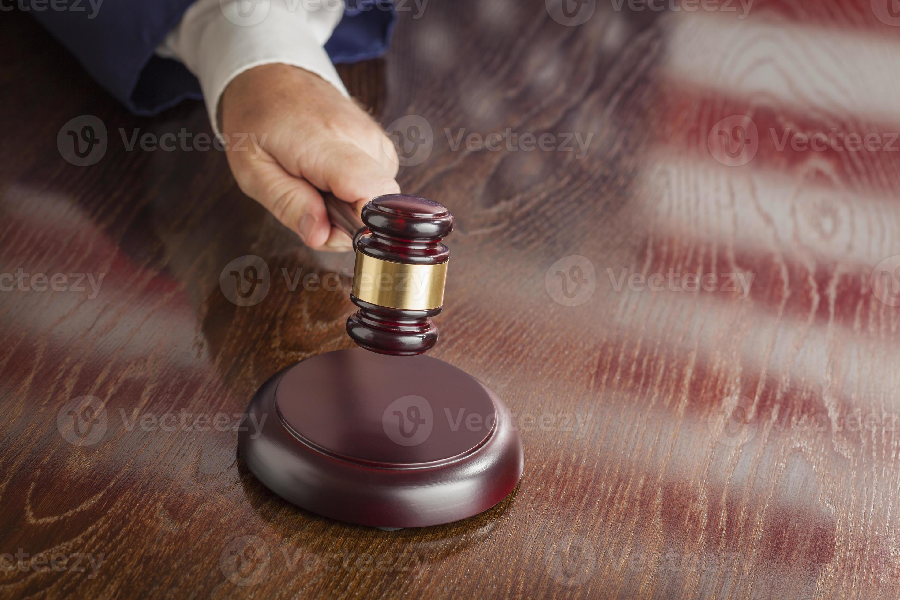 Judge Slams Gavel and American Flag Table Reflection 16293253 Stock