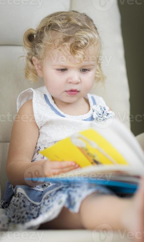 Blonde Haired Blue Eyed Little Girl Reading Her Book photo