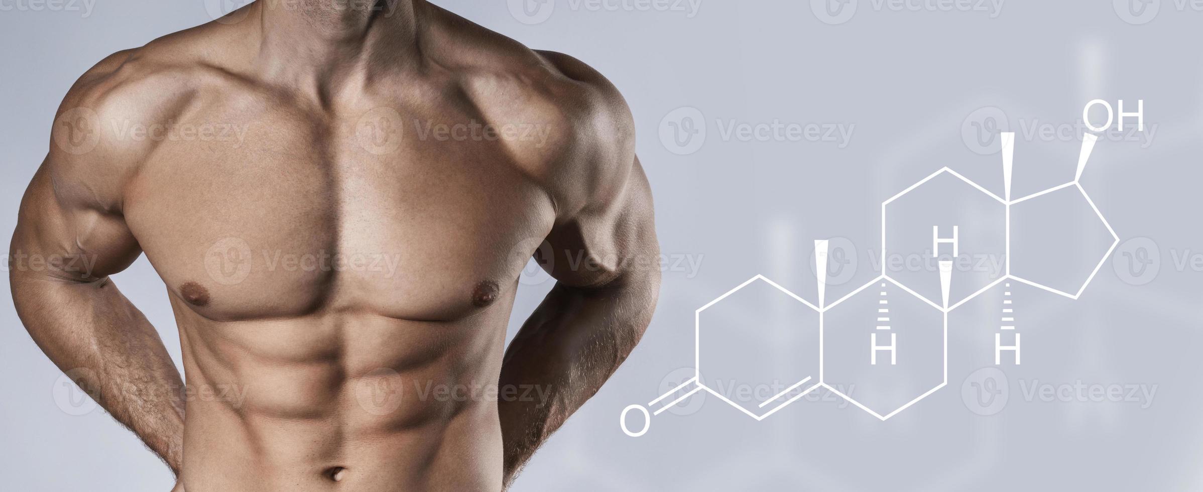 Muscular male torso and testosterone formula. Concept of hormone increasing methods. photo