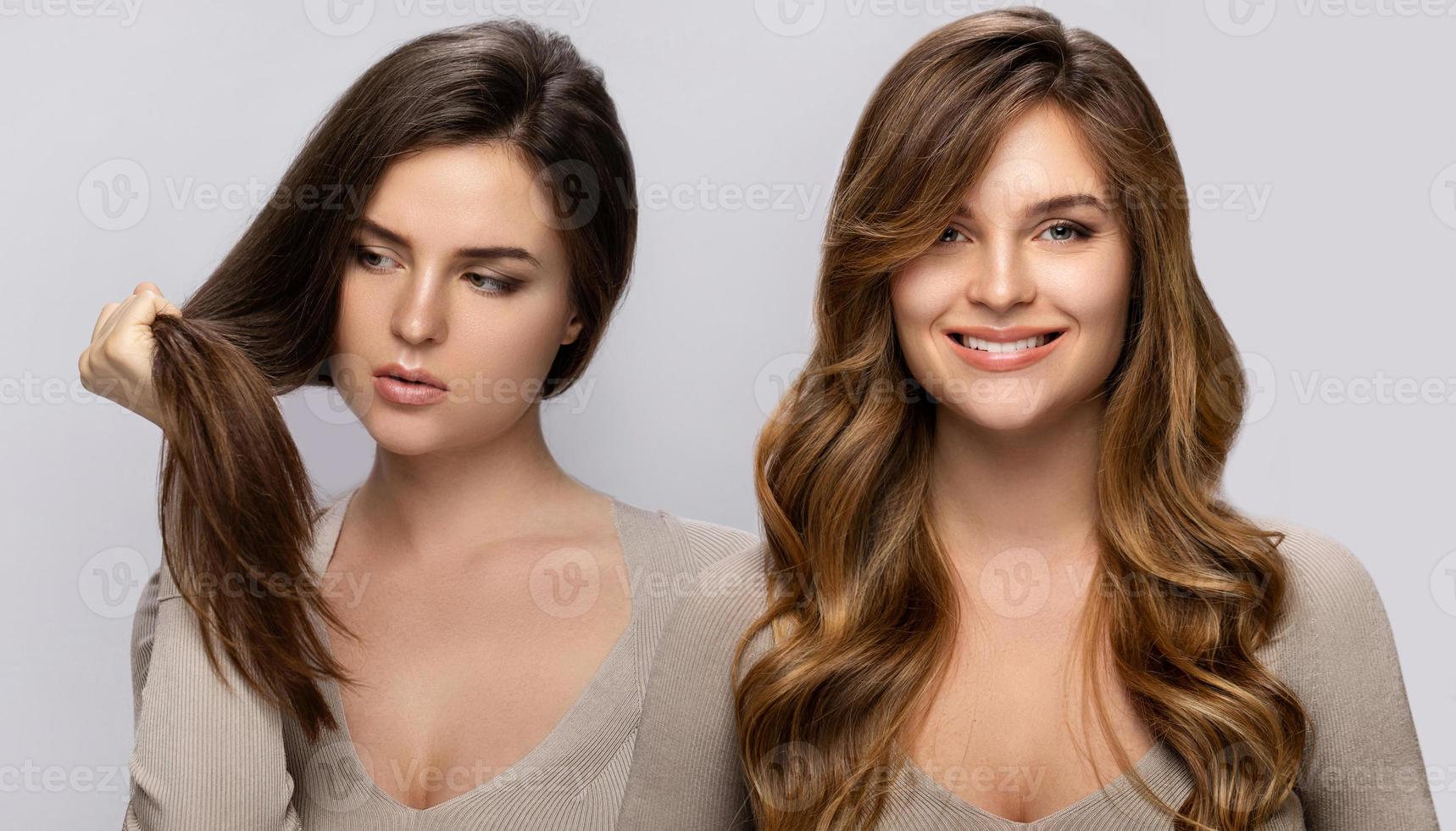 Result of makeover. Woman with a beautiful hair after dyeing and styling. photo
