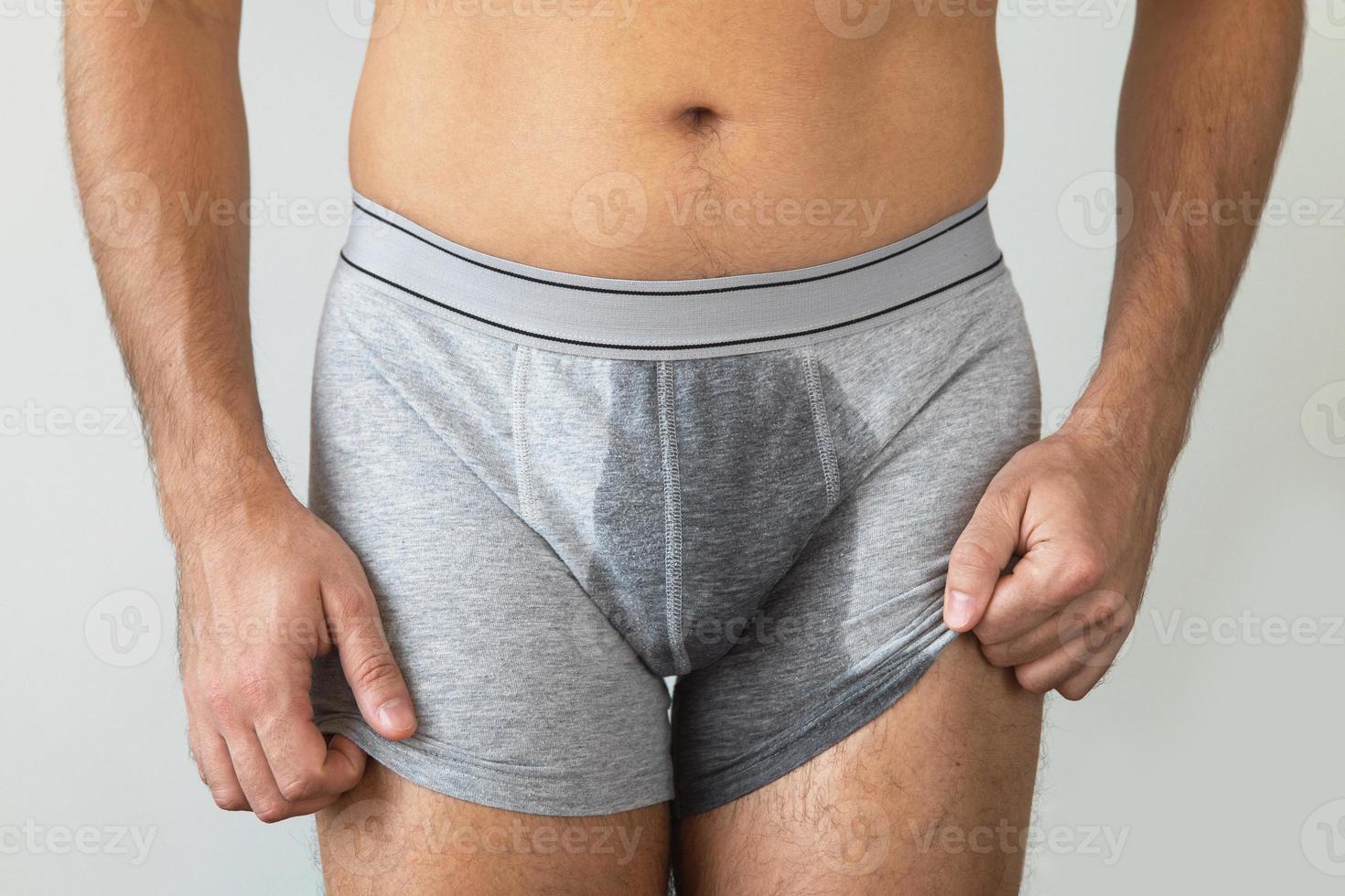 Man with wet briefs because of urinary incontinence photo