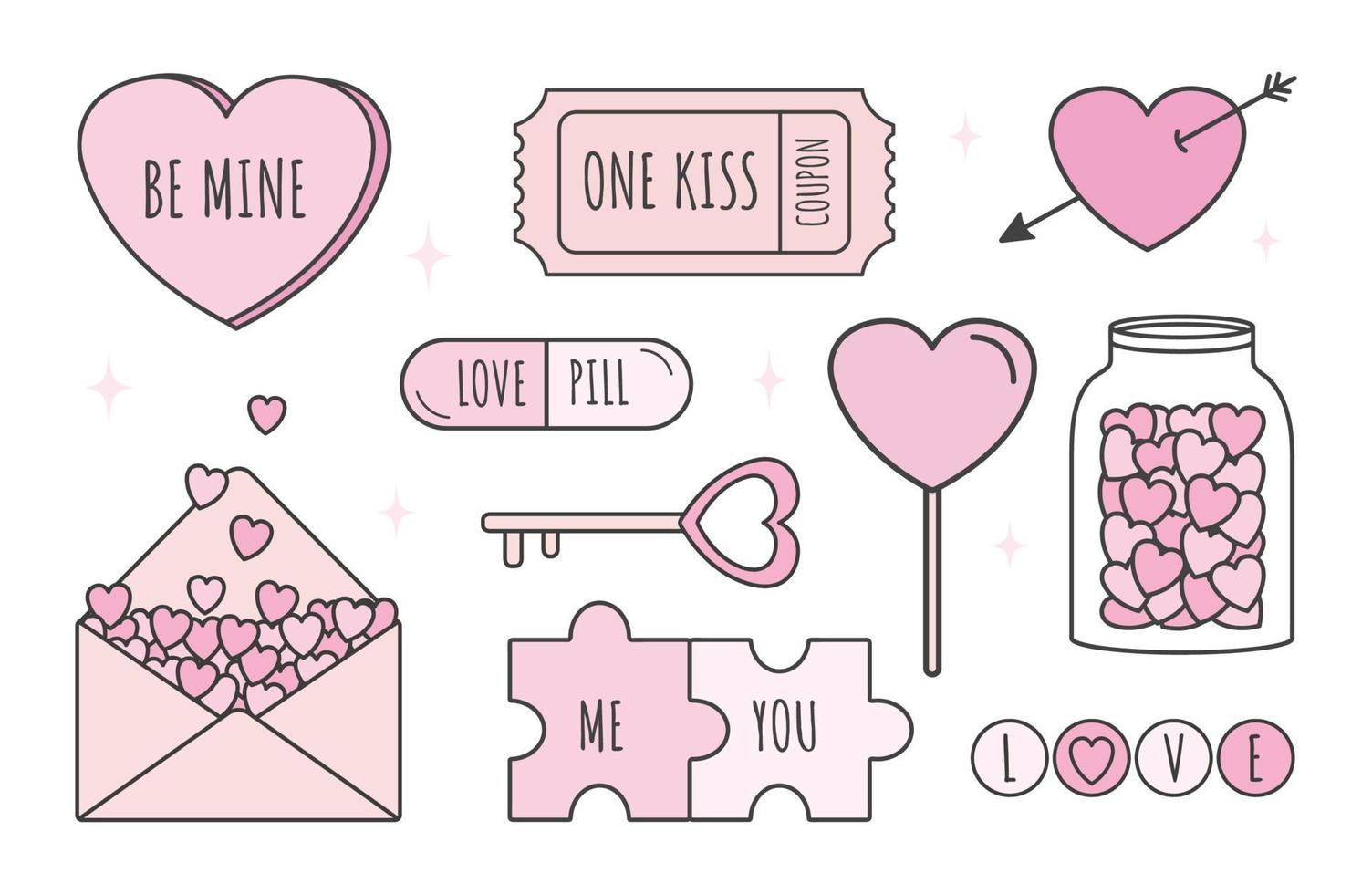 Valentine's Day set of elements, heart shape, key, lolipop, puzzle, pill, jar, coupon, letter, arrow vector