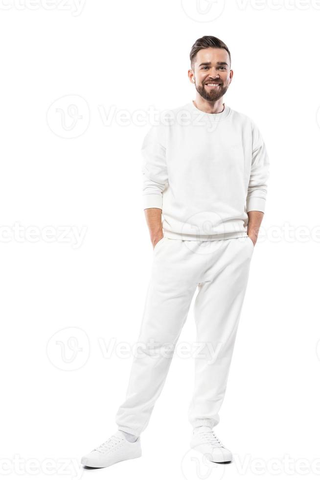 Handsome man wearing blank white clothes on white background