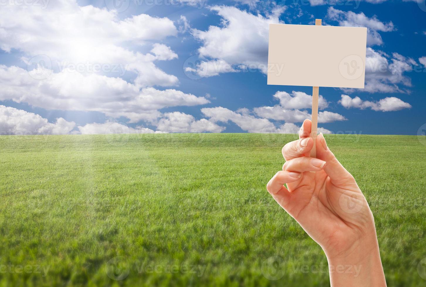 Blank Sign in Hand Over Grass Field and Sky photo