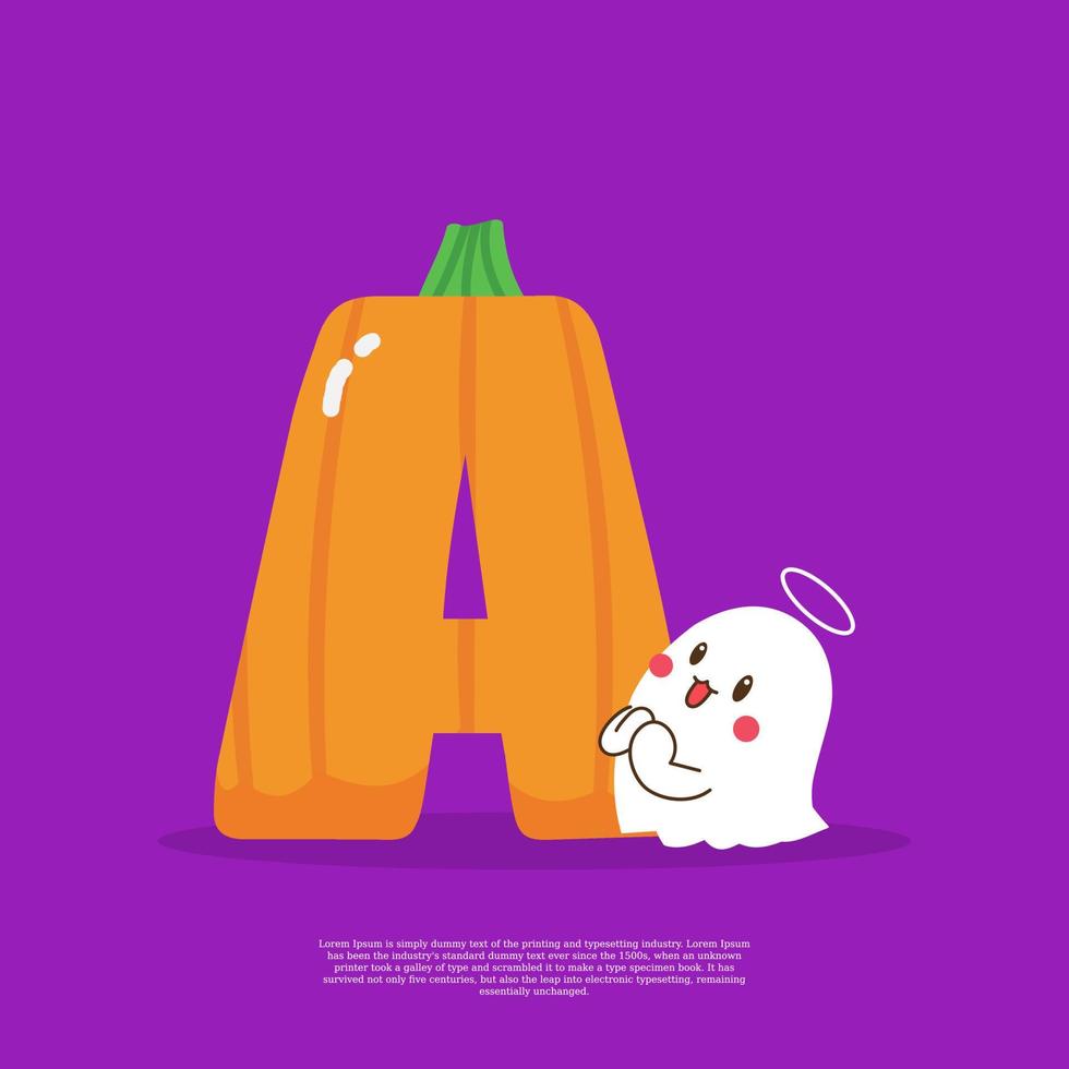 Pumpkin plus letter A with cute ghost emoji sticker beside it vector illustration.