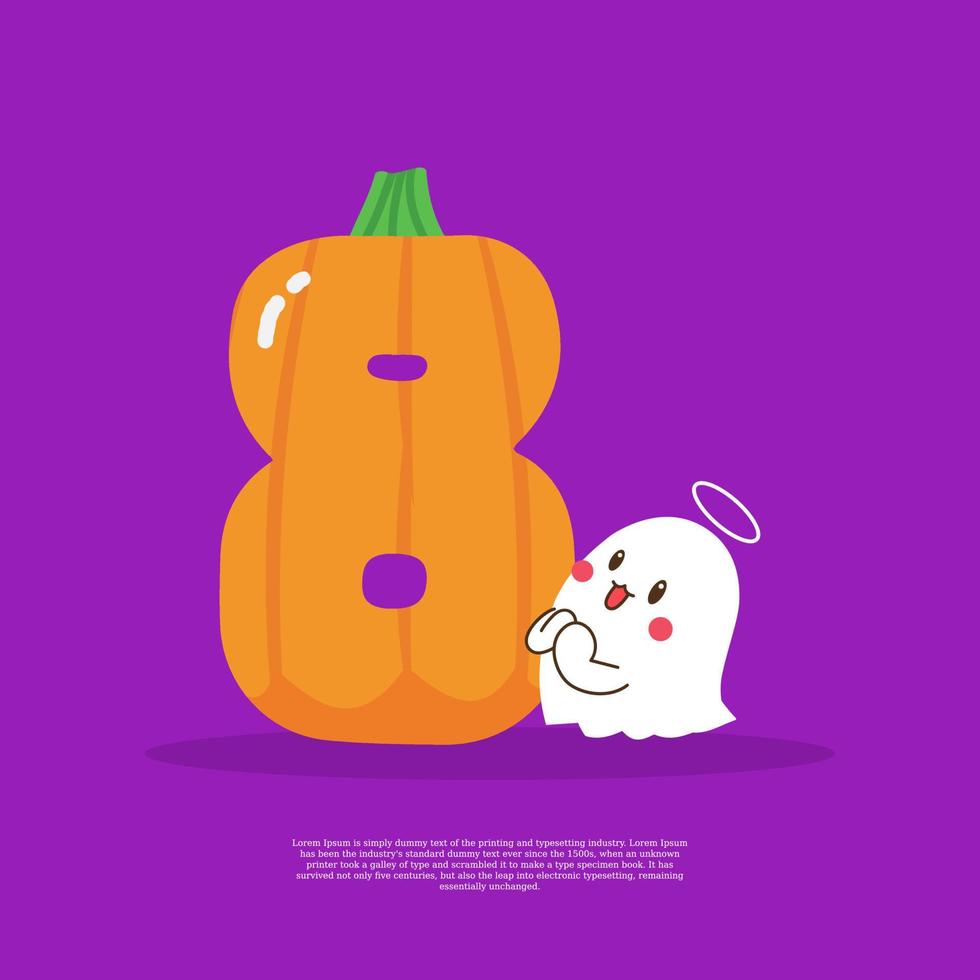 Pumpkin plus number 8 with cute ghost emoji sticker beside it vector illustration