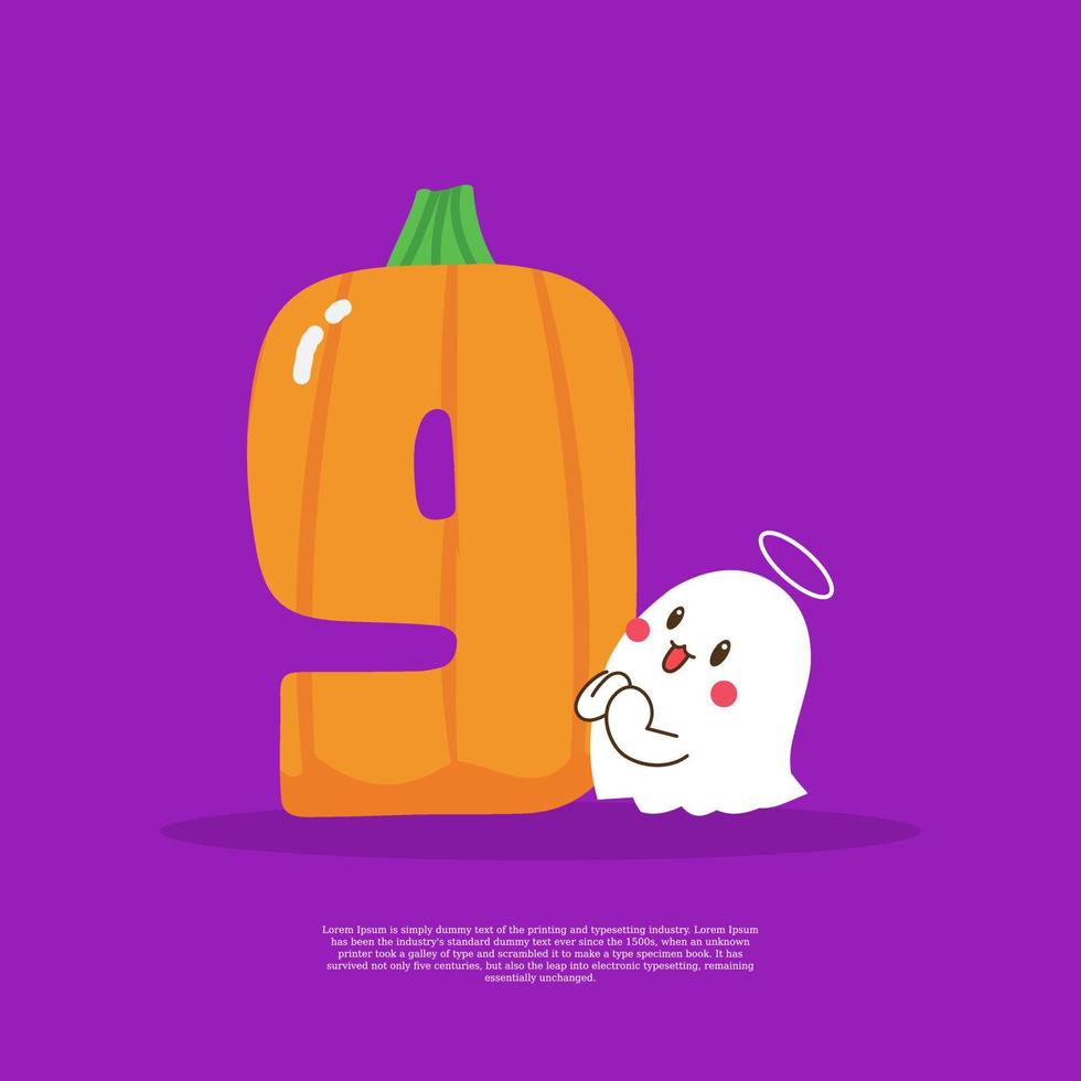 Pumpkin plus number 9 with cute ghost emoji sticker beside it vector illustration