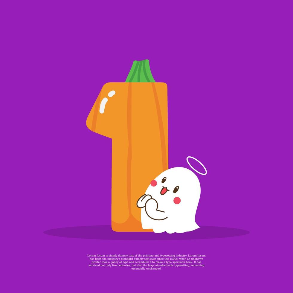 Pumpkin plus number 1 with cute ghost emoji sticker beside it vector illustration