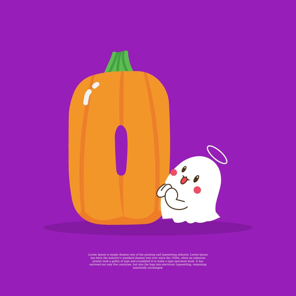 Pumpkin plus number 0 with cute ghost emoji sticker beside it vector illustration